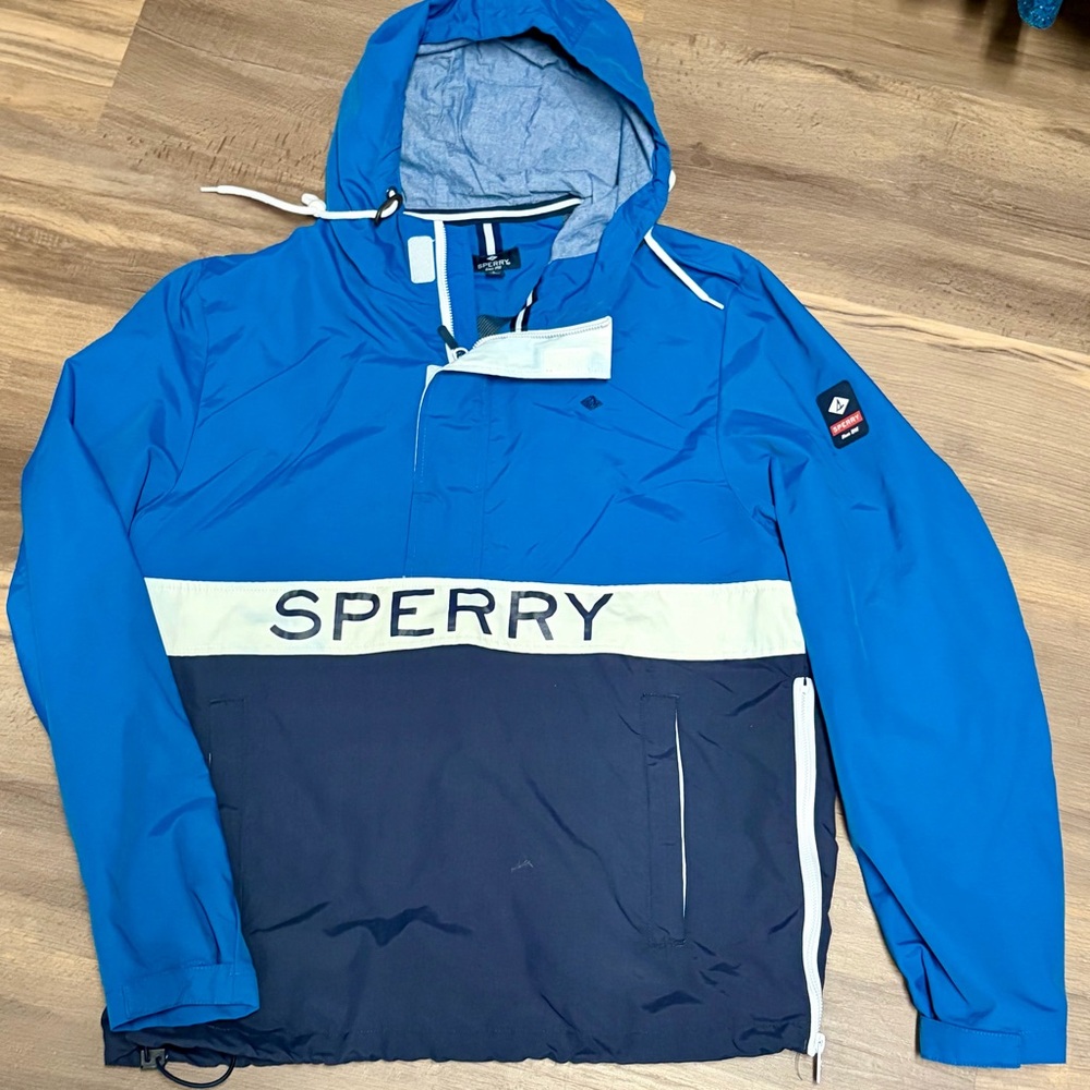 Sperry Blue Colorblock Half-Zip Hooded Windbreaker Jacket